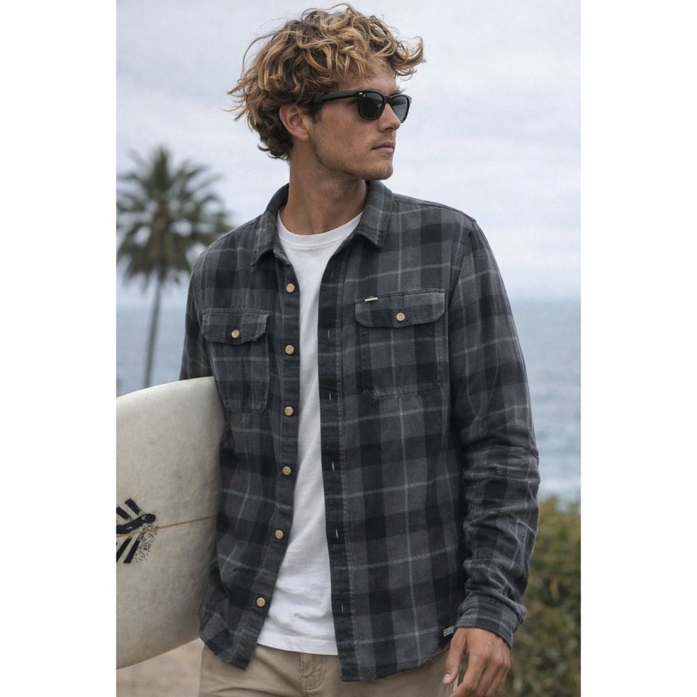 Jetty‎ Breaker Flannel Shirt Gray Plaid Organic Cotton Button Up Small